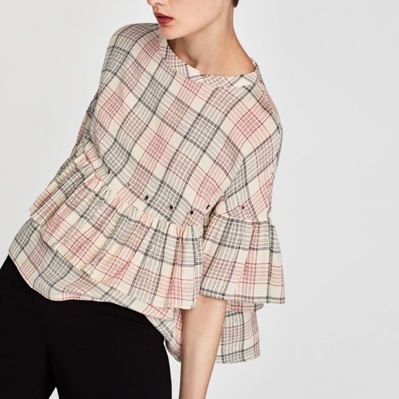 NWOT Zara Flowy Ruffle Checked Top w/ Metal Eyelets - Picture 1 of 10